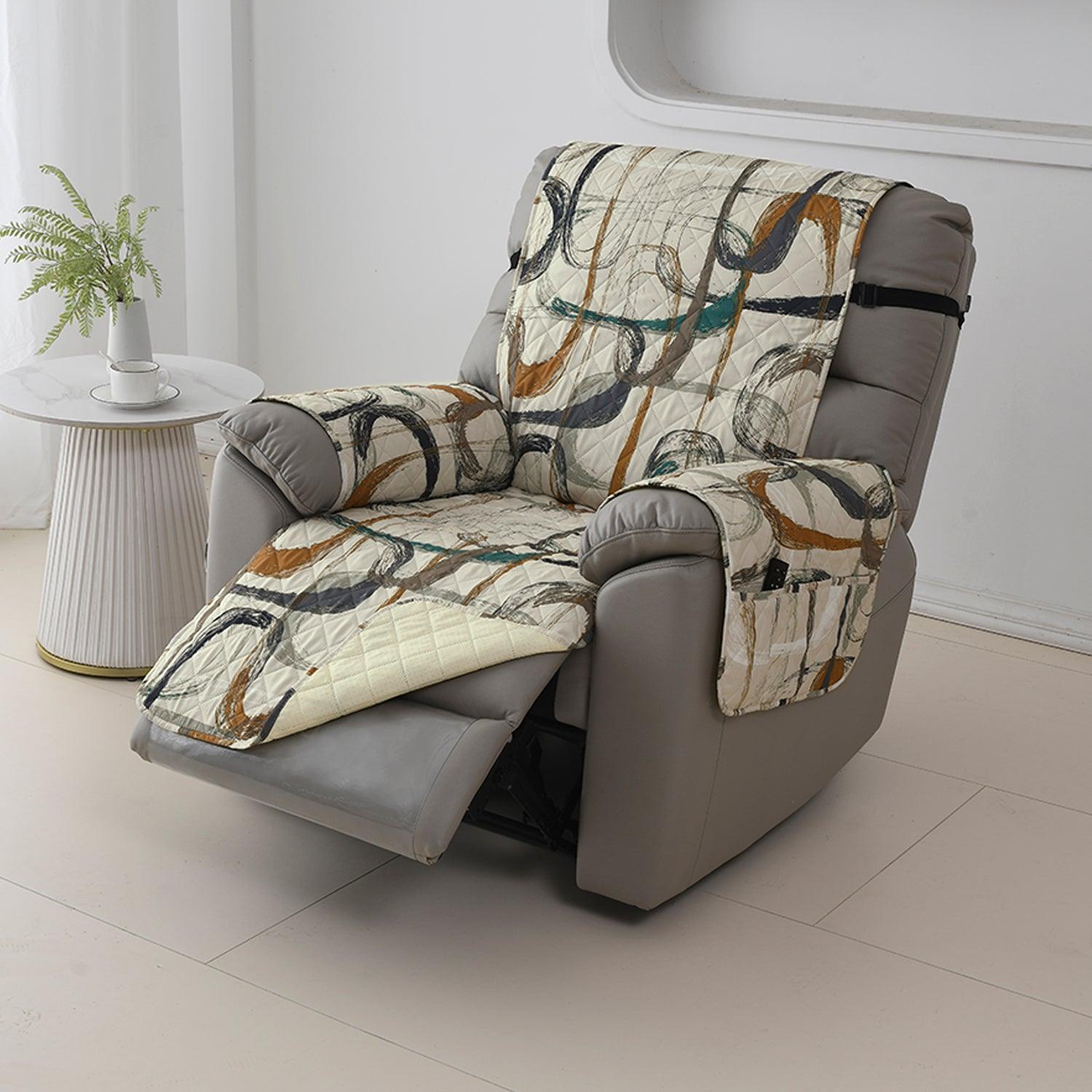 Quilted Recliner Water Repellent & Waterproof Cover for Small / Large - Parchement Beige Abstract Art - HOKIPO | Har Ghar ka Humsafar