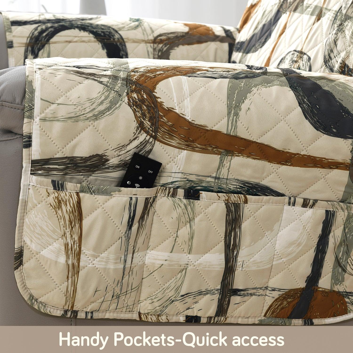 Quilted Recliner Water Repellent & Waterproof Cover for Small / Large - Parchement Beige Abstract Art - HOKIPO | Har Ghar ka Humsafar