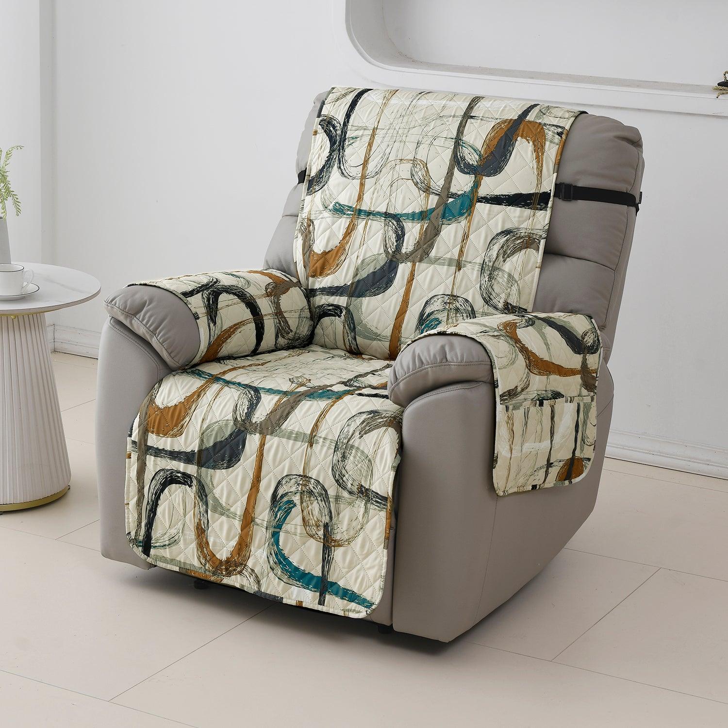 Quilted Recliner Water Repellent & Waterproof Cover for Small / Large - Parchement Beige Abstract Art - HOKIPO | Har Ghar ka Humsafar