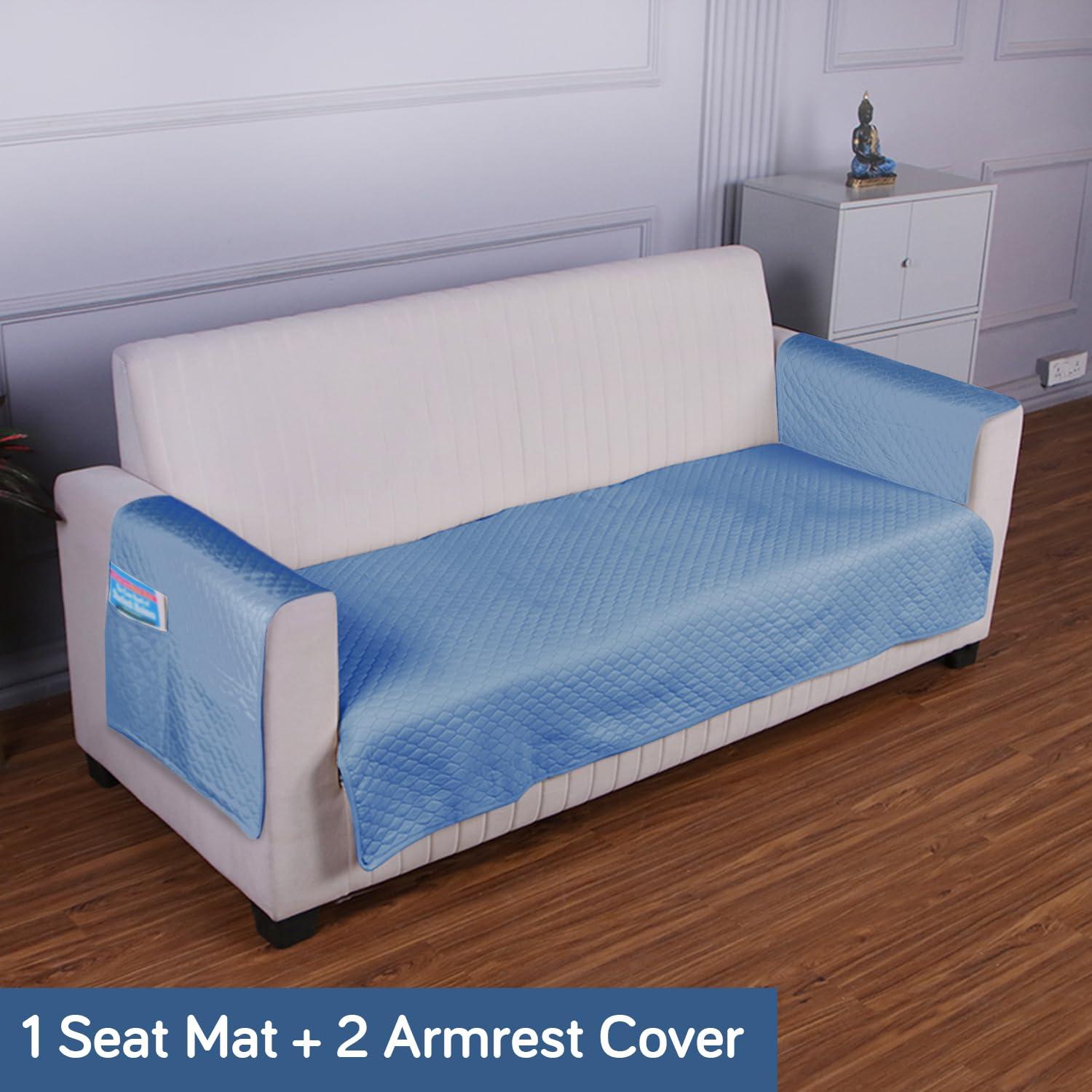 Quilted Sofa Cover Mat with 2 Armrest Covers Pockets, Blue - HOKIPO | Har Ghar ka Humsafar