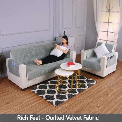 Quilted Velvet Sofa Cover Mat with Side Pockets, Pet Friendly, Fossil Grey - HOKIPO | Har Ghar ka Humsafar