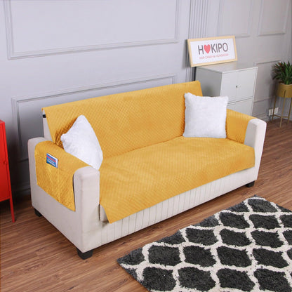 Quilted Velvet Sofa Cover Mat with Side Pockets, Pet Friendly, Mustard Yellow - HOKIPO | Har Ghar ka Humsafar