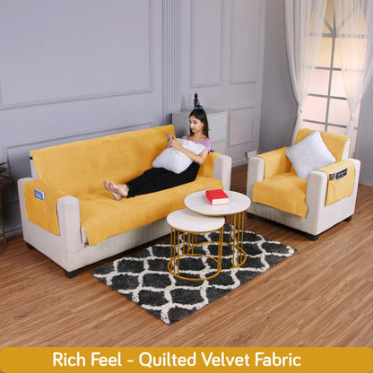 Quilted Velvet Sofa Cover Mat with Side Pockets, Pet Friendly, Mustard Yellow - HOKIPO | Har Ghar ka Humsafar