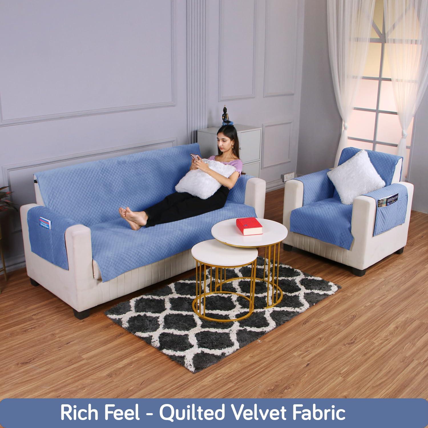 Quilted Velvet Sofa Cover Mat with Side Pockets, Pet Friendly, Placid Blue - HOKIPO | Har Ghar ka Humsafar