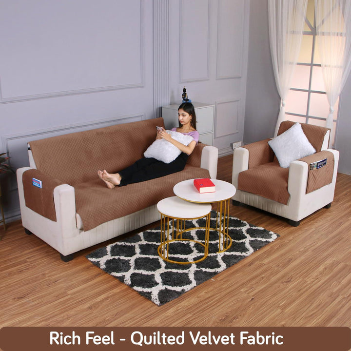 Buy 3+1 seater modern Russet Brown colour quilted Velvet sofa cover set
