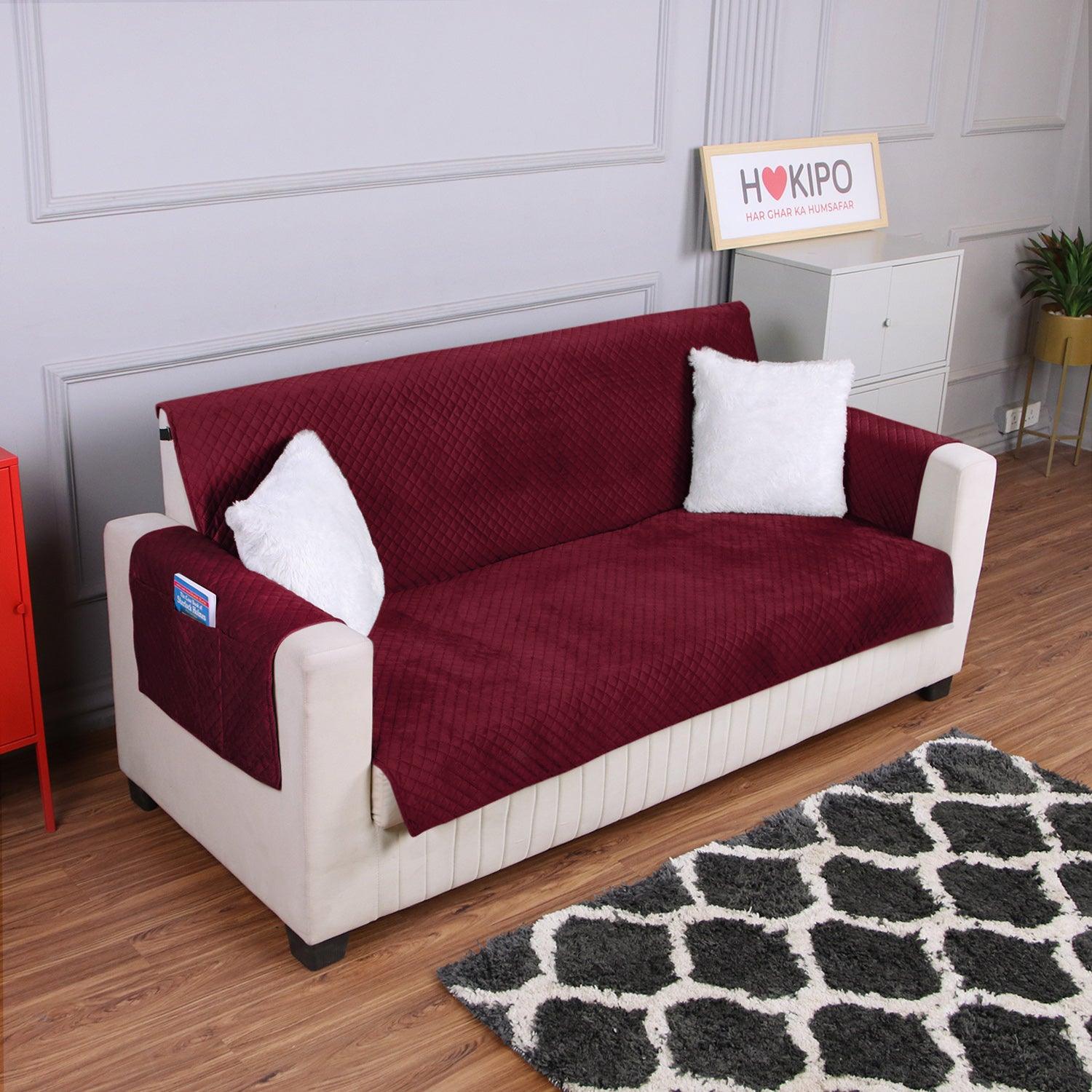 Quilted Velvet Sofa Cover Mat with Side Pockets, Pet Friendly, Sangria Red - HOKIPO | Har Ghar ka Humsafar