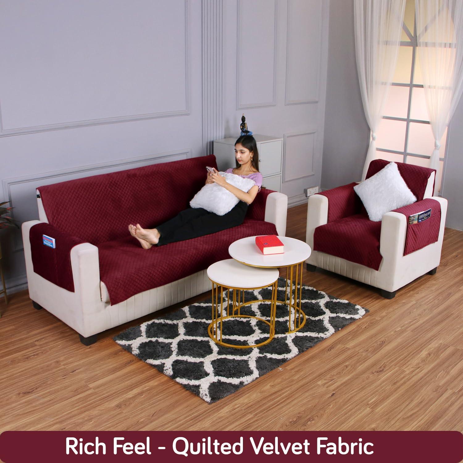 Quilted Velvet Sofa Cover Mat with Side Pockets, Pet Friendly, Sangria Red - HOKIPO | Har Ghar ka Humsafar