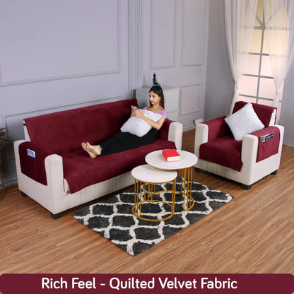 Quilted Velvet Sofa Cover Mat with Side Pockets, Pet Friendly, Sangria Red - HOKIPO | Har Ghar ka Humsafar