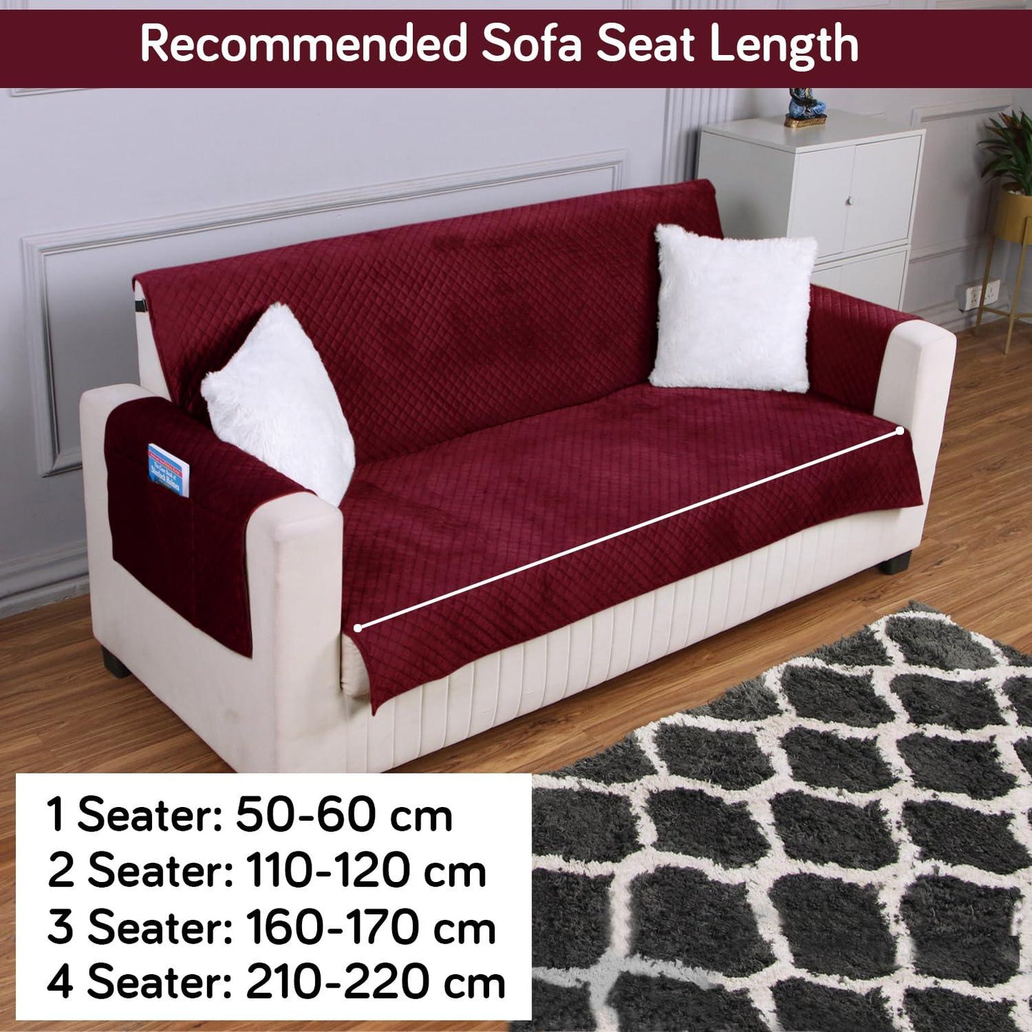 Quilted Velvet Sofa Cover Mat with Side Pockets, Pet Friendly, Sangria Red - HOKIPO | Har Ghar ka Humsafar