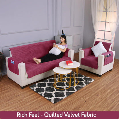 Quilted Velvet Sofa Cover Mat with Side Pockets, Pet Friendly, Wine - HOKIPO | Har Ghar ka Humsafar