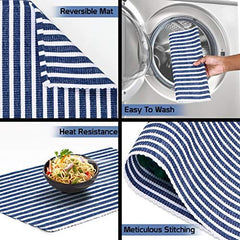 Ribbed Cotton Heat Resistant Dining Table Mat, Blue Striped - HOKIPO | Har Ghar ka Humsafar