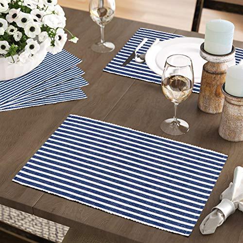 Ribbed Cotton Heat Resistant Dining Table Mat, Blue Striped - HOKIPO | Har Ghar ka Humsafar