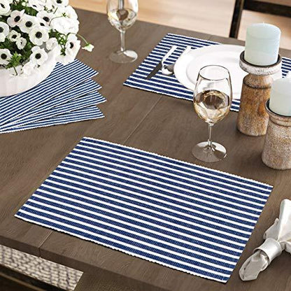 Ribbed Cotton Heat Resistant Dining Table Mat, Blue Striped - HOKIPO | Har Ghar ka Humsafar