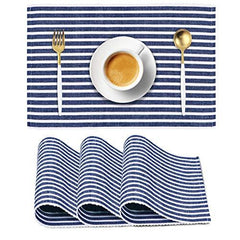 Ribbed Cotton Heat Resistant Dining Table Mat, Blue Striped - HOKIPO | Har Ghar ka Humsafar