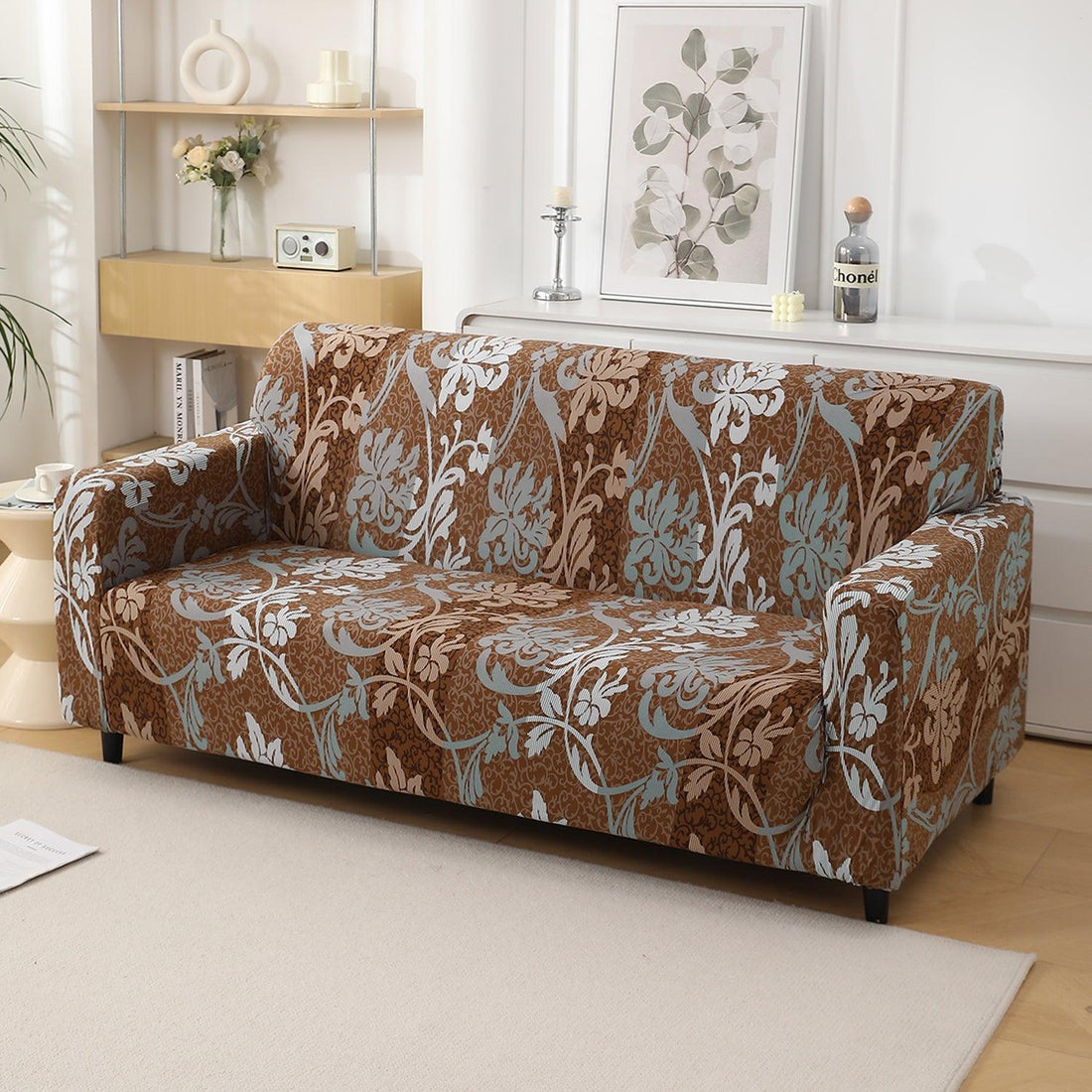 Rich Chocolate Damask Floral Printed elastic 3 seater sofa cover​s