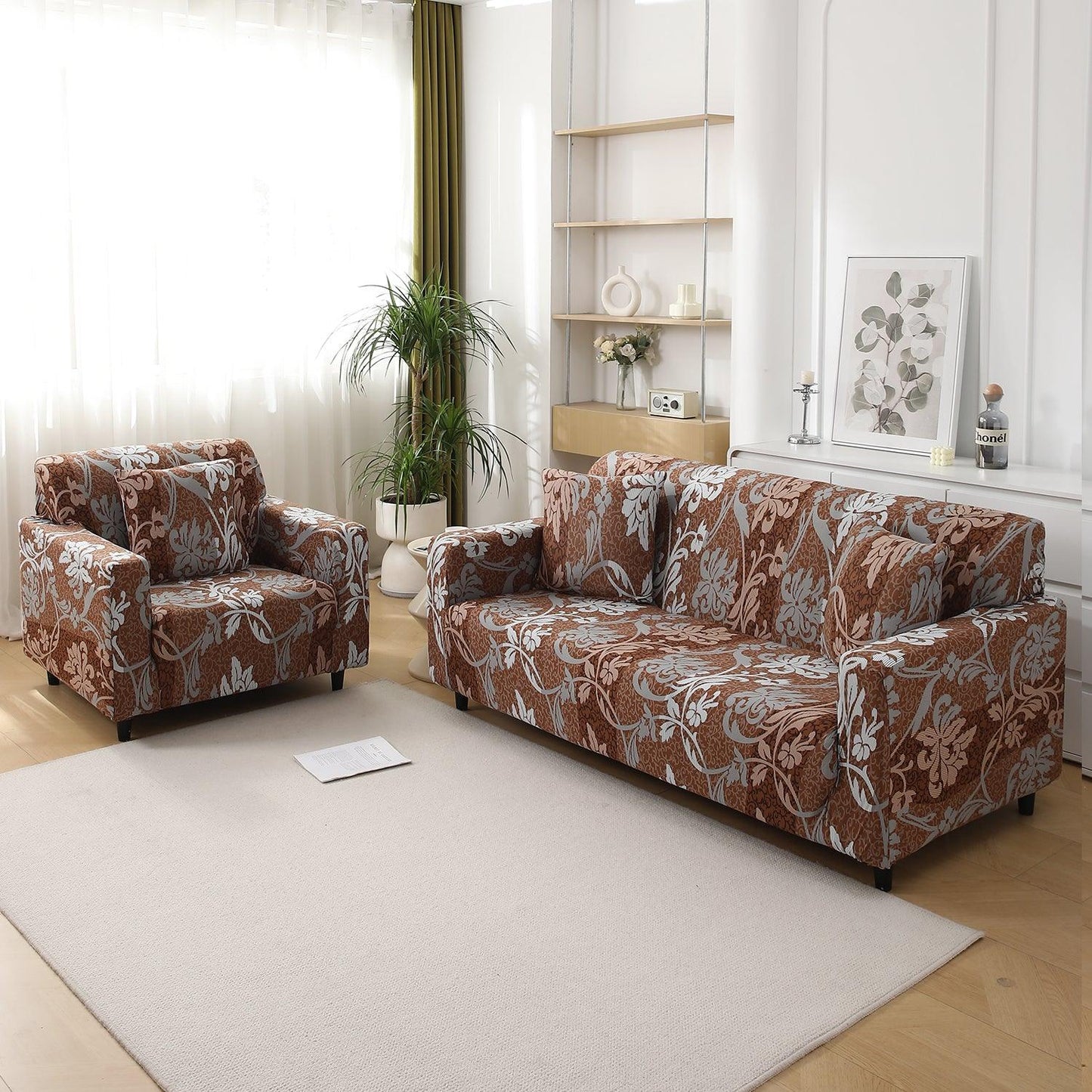 Rich Chocolate Damask Floral Printed Elastic Sofa Cover - HOKIPO | Har Ghar ka Humsafar