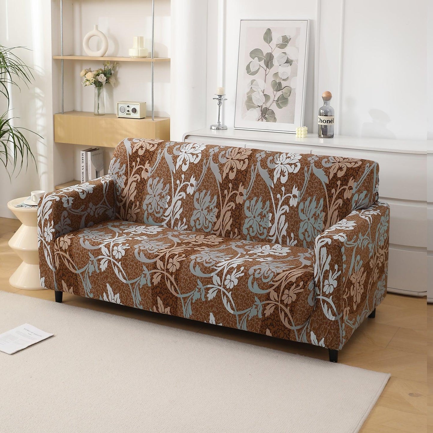 Rich Chocolate Damask Floral Printed Elastic Sofa Cover - HOKIPO | Har Ghar ka Humsafar