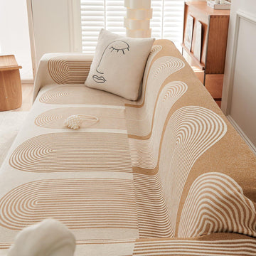 Sand Brown Abstract Line Print Chenille Sofa Throw | Durable & Stylish - HOKIPO | Har Ghar ka Humsafar