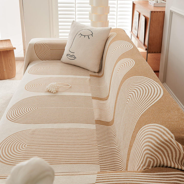 Sand Brown Abstract Line Print Chenille Sofa Throw | Durable & Stylish - HOKIPO | Har Ghar ka Humsafar