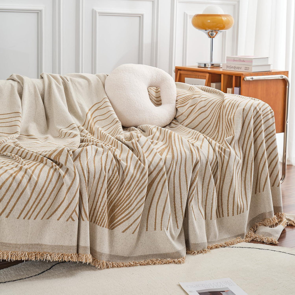 Sand Brown Wavy Lines Printed Chenille Sofa Throw | Stylish & Durable - HOKIPO | Har Ghar ka Humsafar