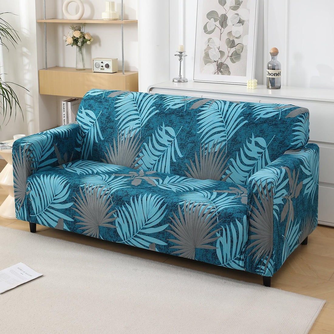 Sea Blue Tropical Leaves Printed elastic 3 seater sofa cover​s