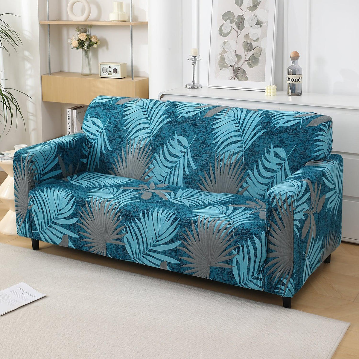 Sea Blue Tropical Leaves Printed elastic 3 seater sofa cover​s
