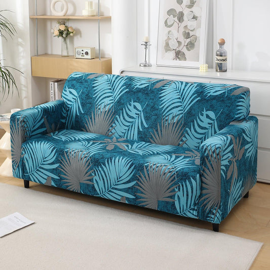 Sea Blue Tropical Leaves Printed Stretchable Sofa Cover - HOKIPO | Har Ghar ka Humsafar