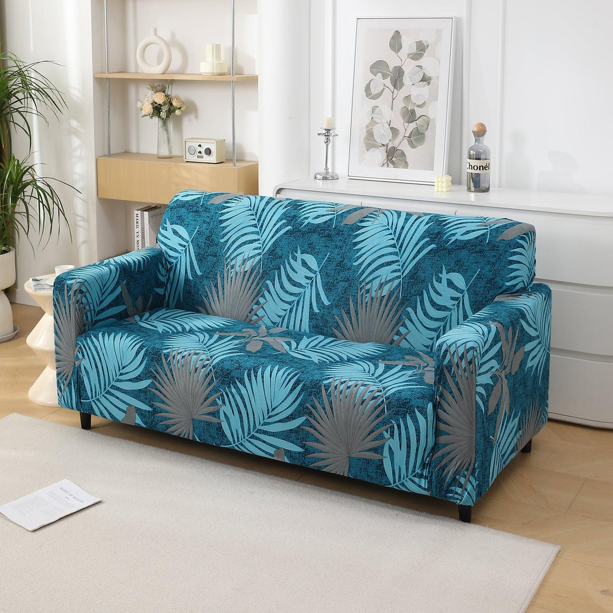 Sea Blue Tropical Leaves Printed non slip elastic 2 seater sofa cover