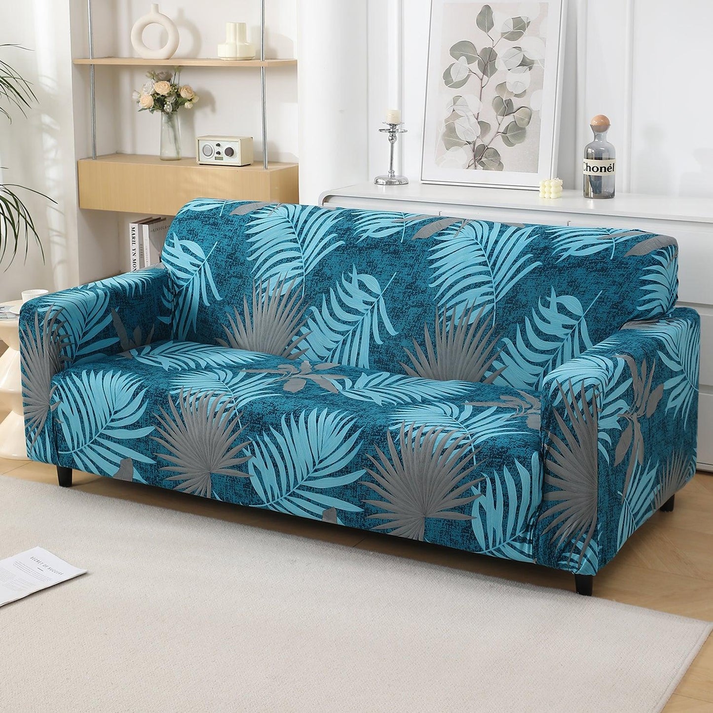 Sea Blue Tropical Leaves Printed Stretchable Sofa Cover - HOKIPO | Har Ghar ka Humsafar