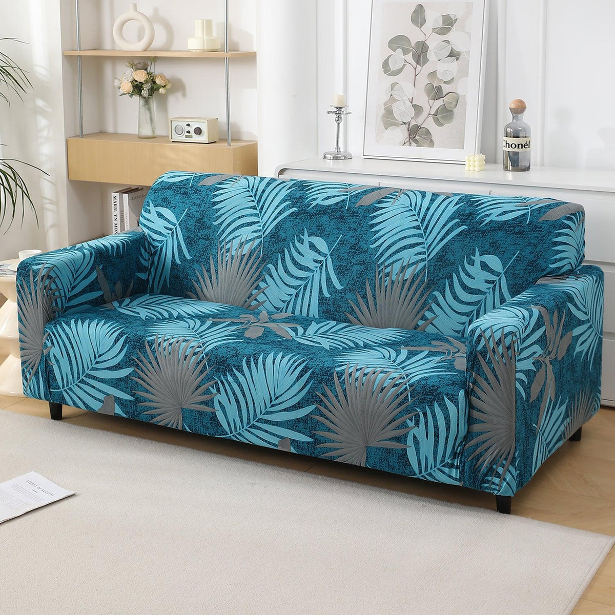 Sea Blue Tropical Leaves Printed stretchable 3 seater sofa cover​s