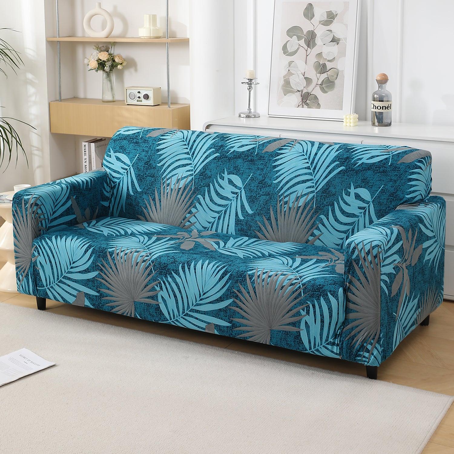 Sea Blue Tropical Leaves Printed Stretchable Sofa Cover Seater