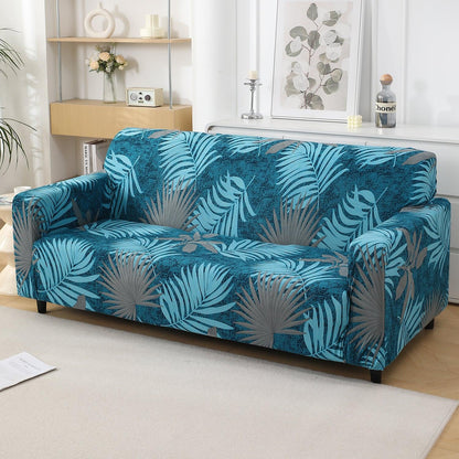 Sea Blue Tropical Leaves Printed Stretchable Sofa Cover - HOKIPO | Har Ghar ka Humsafar