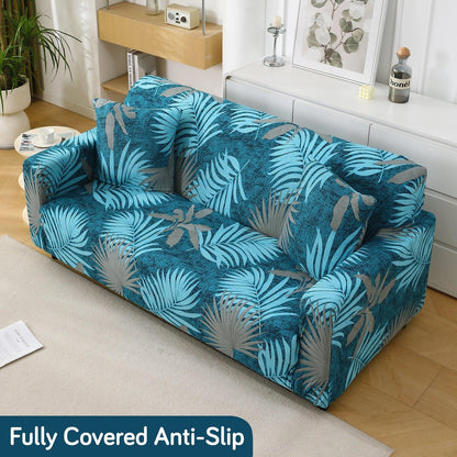 Sea Blue Tropical Leaves Printed Stretchable Sofa Cover - HOKIPO | Har Ghar ka Humsafar