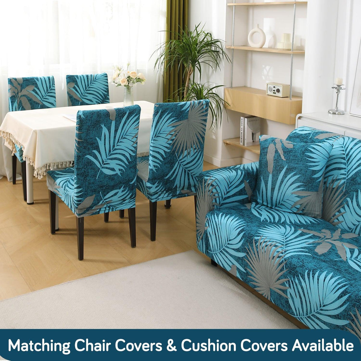 Buy Sea Blue Tropical Leaves Printed Matching elastic covers for chairs and sofas