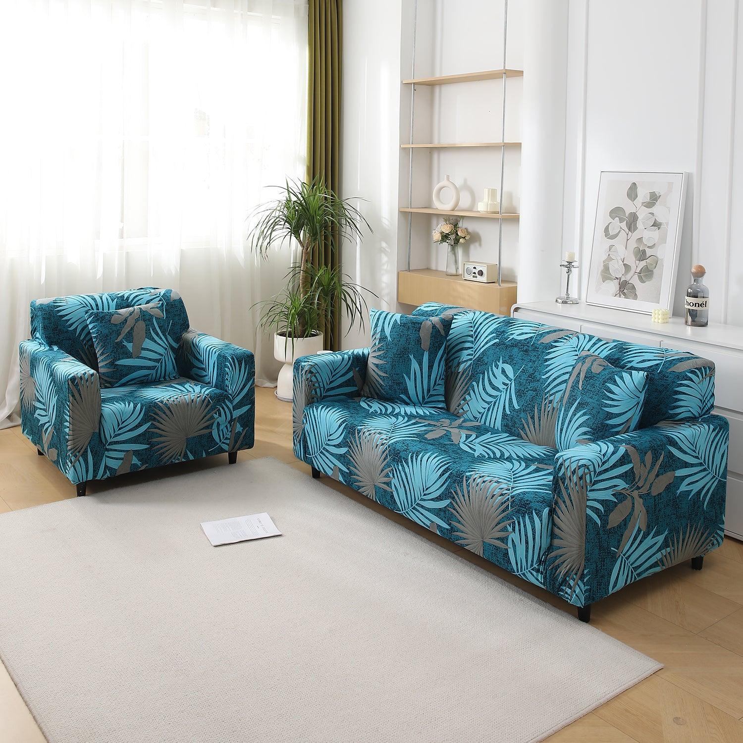 Sea Blue Tropical Leaves Printed Stretchable Sofa Cover - HOKIPO | Har Ghar ka Humsafar