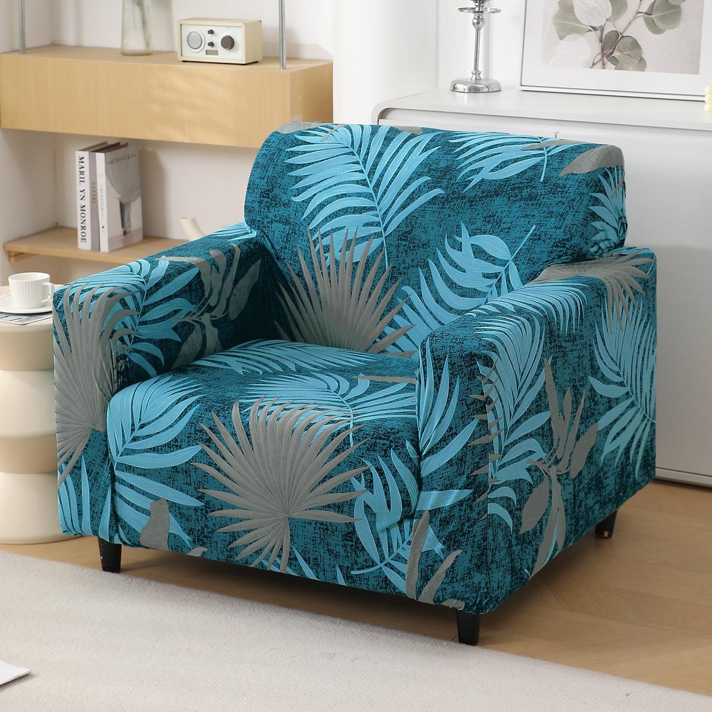 Sea Blue Tropical Leaves Printed Stretchable Sofa Cover - HOKIPO | Har Ghar ka Humsafar