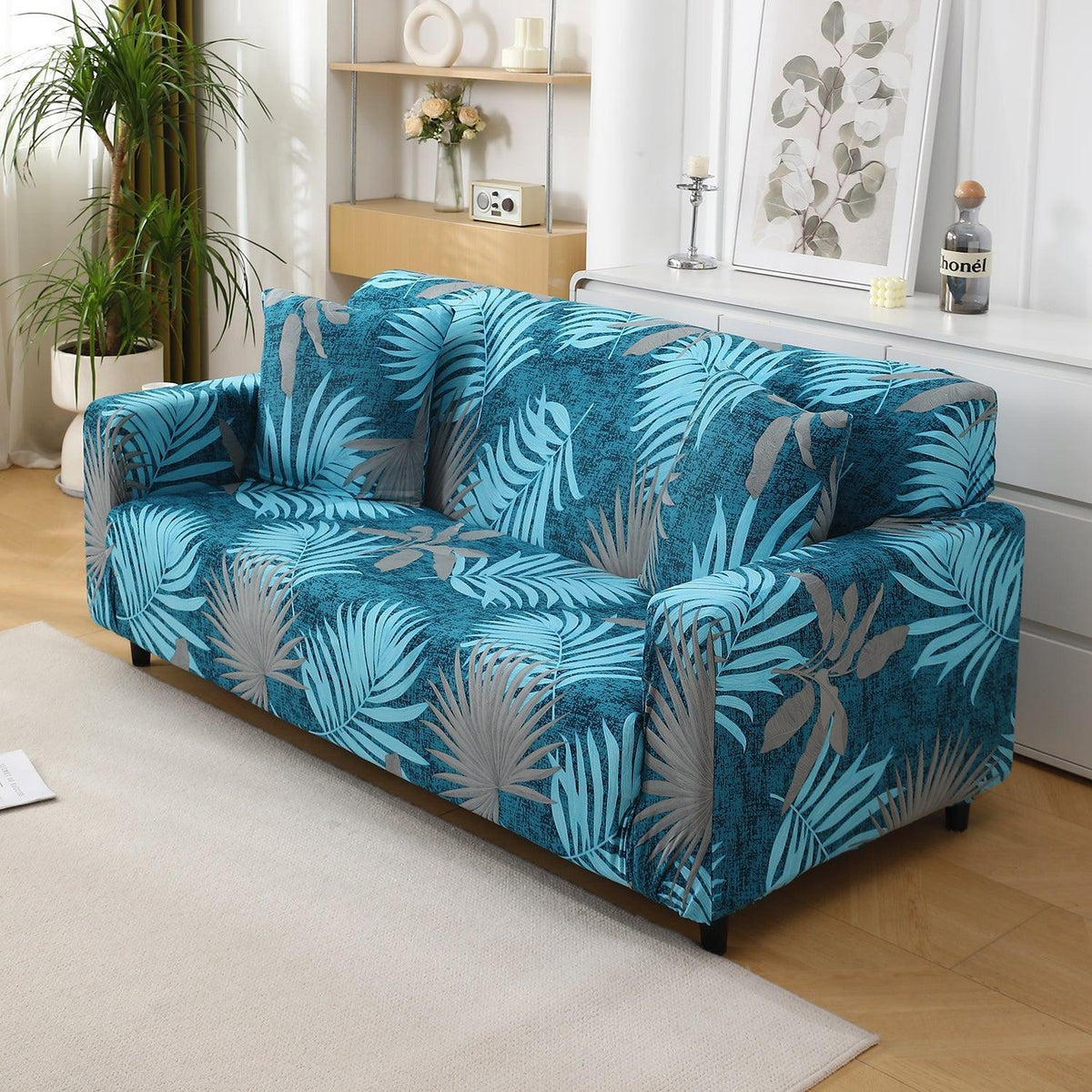 Sea Blue Tropical Leaves Printed stretchable two seater sofa cover