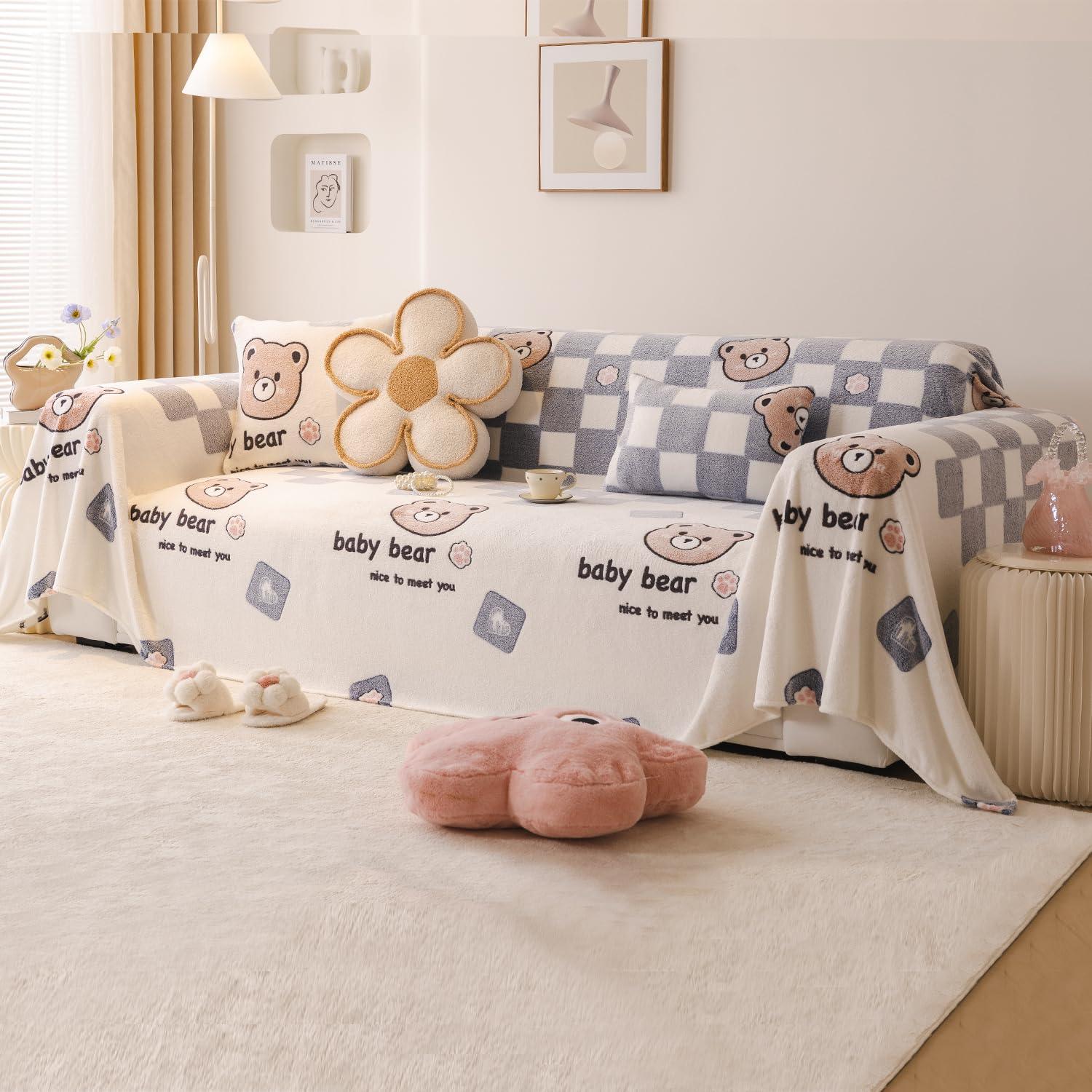 Soft and Cozy Fully Covered Velvet Plush Sofa Throw for 1/2/3 - Seater, Baby Bear | HOKIPO