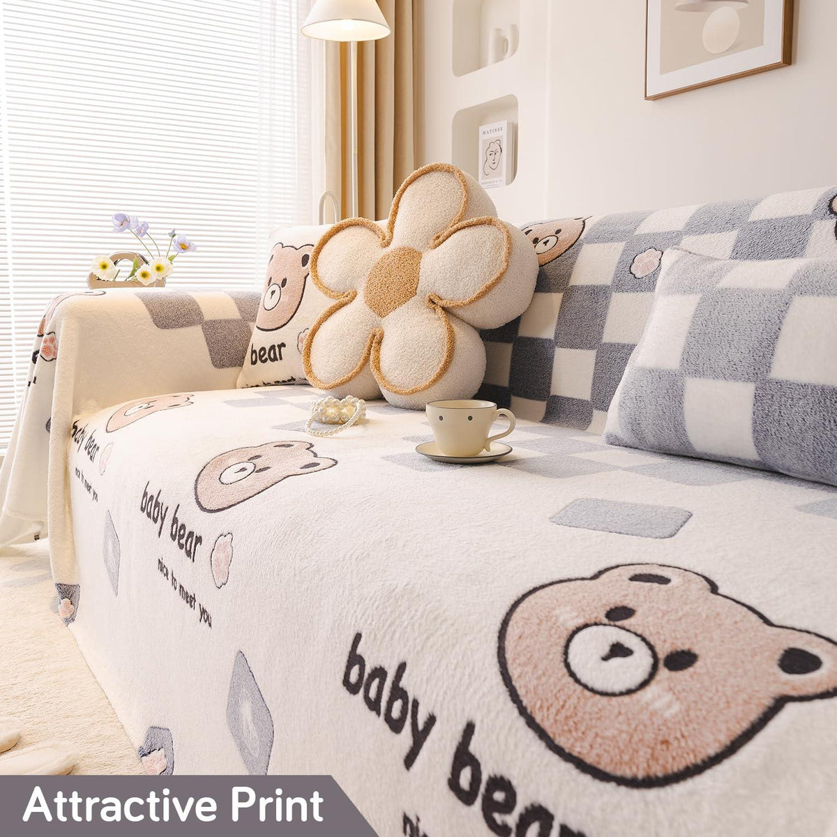 Baby Bear Print Luxury Velvet Plush Sofa Throw – 3 Seater | HOKIPO