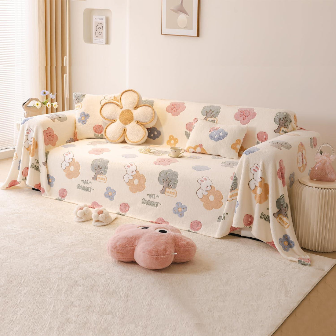 Soft and Cozy Fully Covered Velvet Plush Sofa Throw for 1/2/3 - Seater, Bunny Rabbit | HOKIPO 