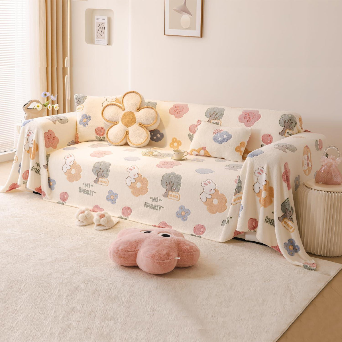 Soft and Cozy Fully Covered Velvet Plush Sofa Throw for 1/2/3 - Seater, Bunny Rabbit | HOKIPO 