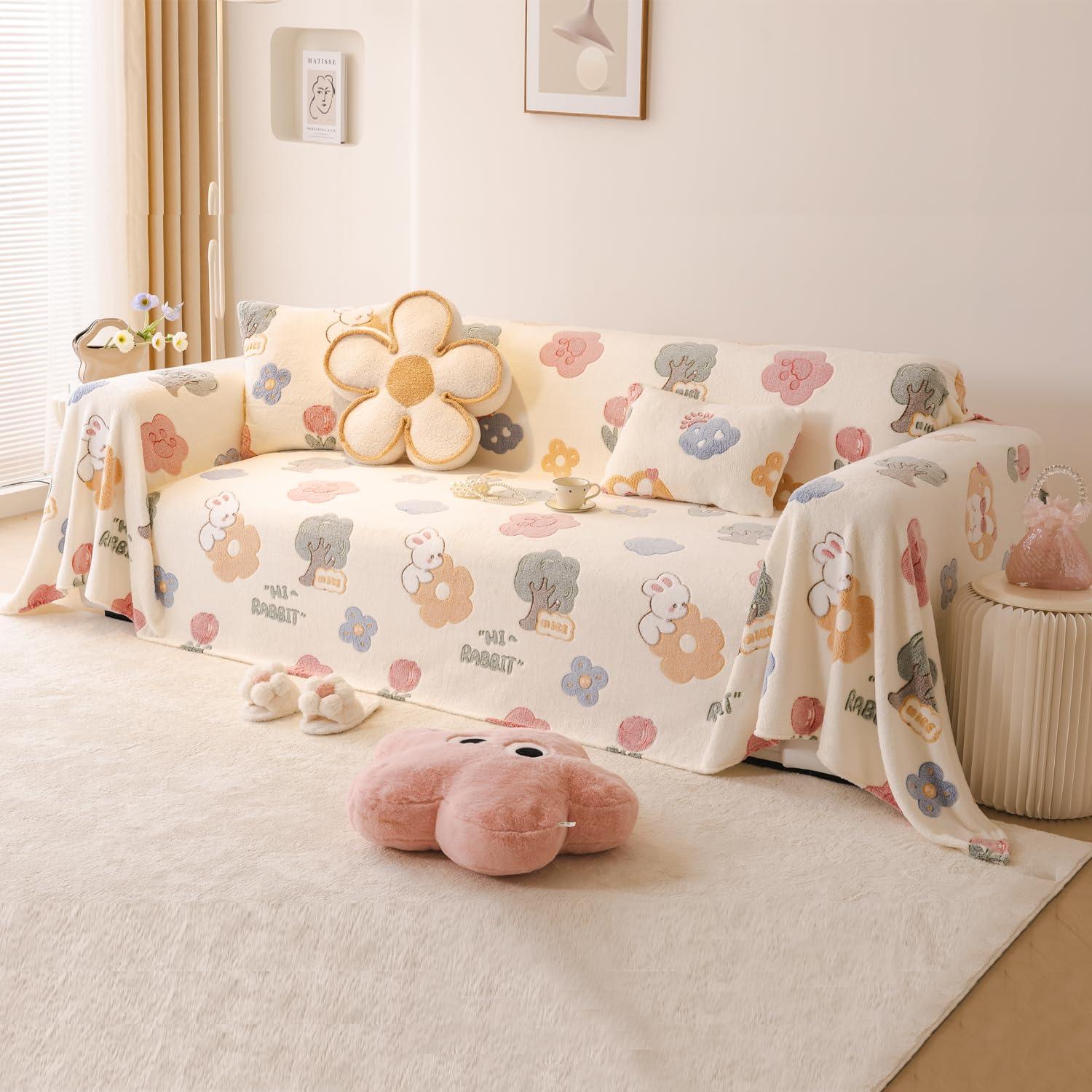 Soft and Cozy Fully Covered Velvet Plush Sofa Throw for 1/2/3 - Seater, Bunny Rabbit - HOKIPO | Har Ghar ka Humsafar