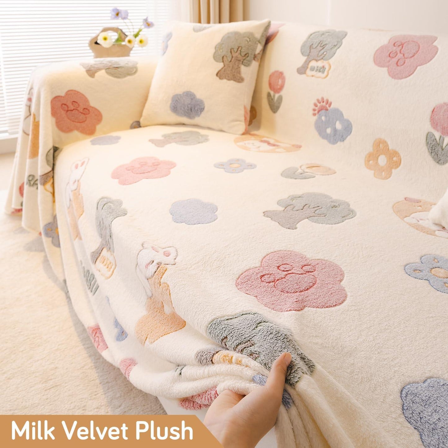 Soft and Cozy Fully Covered Velvet Plush Sofa Throw for 1/2/3 - Seater, Bunny Rabbit - HOKIPO | Har Ghar ka Humsafar