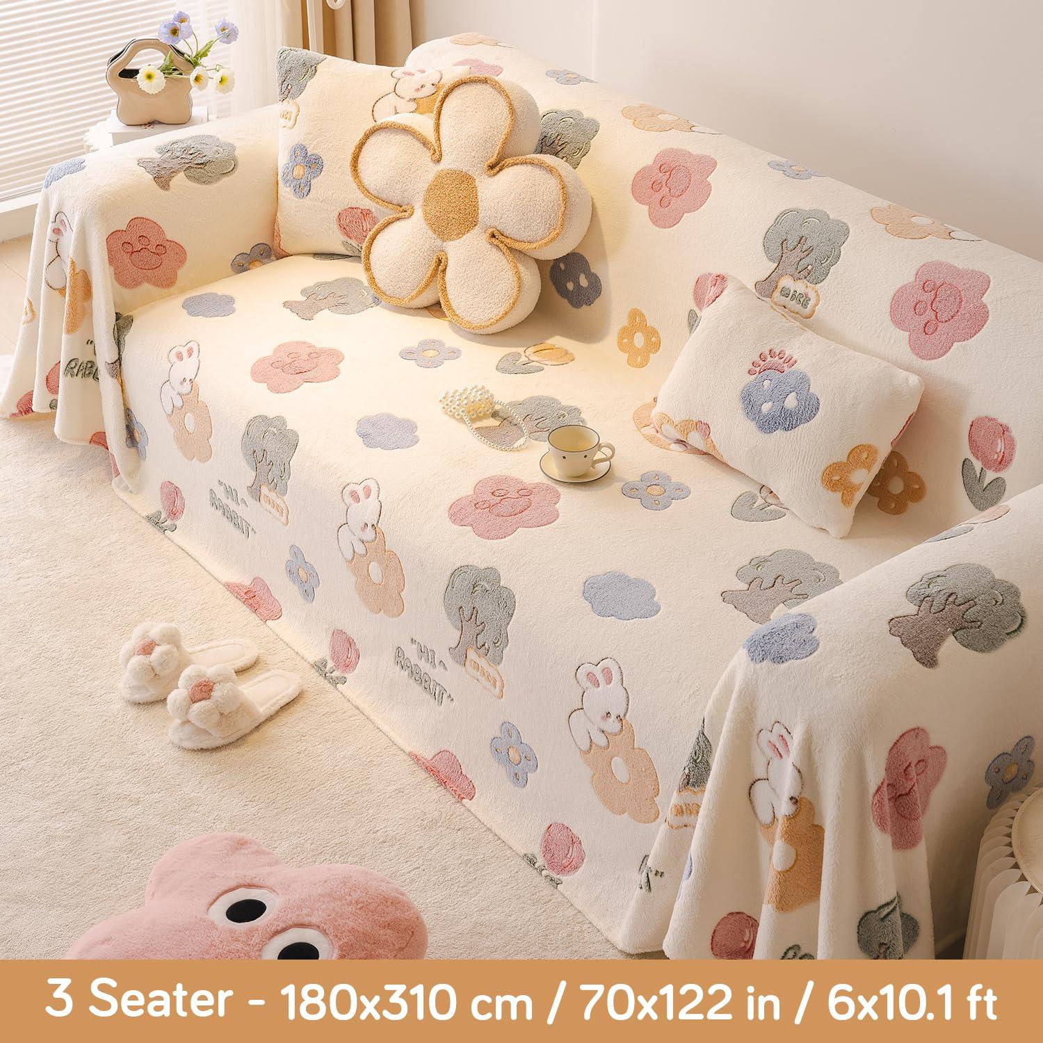 Soft and Cozy Fully Covered Velvet Plush Sofa Throw for 1/2/3 - Seater, Bunny Rabbit - HOKIPO | Har Ghar ka Humsafar