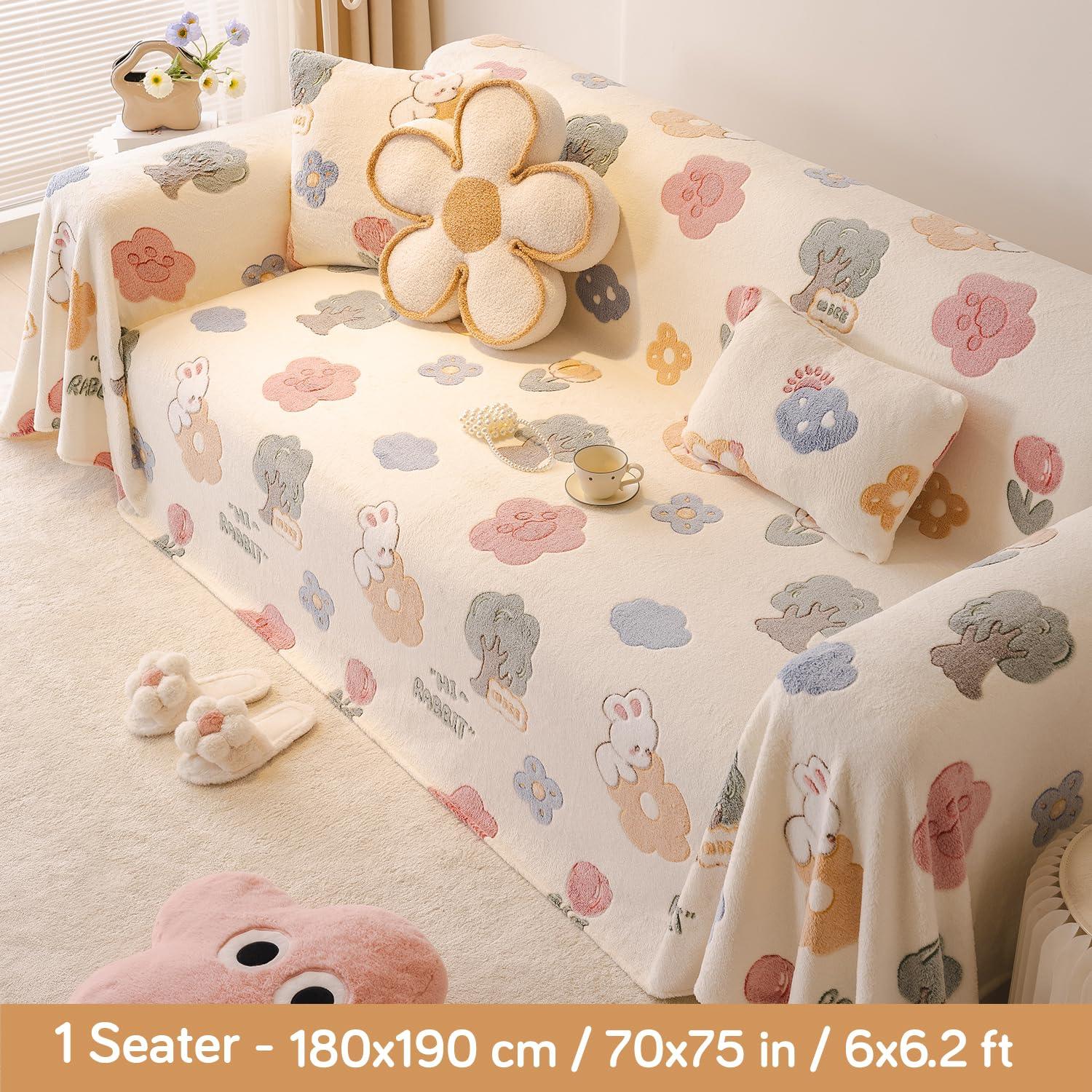 Soft and Cozy Fully Covered Velvet Plush Sofa Throw for 1/2/3 - Seater, Bunny Rabbit - HOKIPO | Har Ghar ka Humsafar