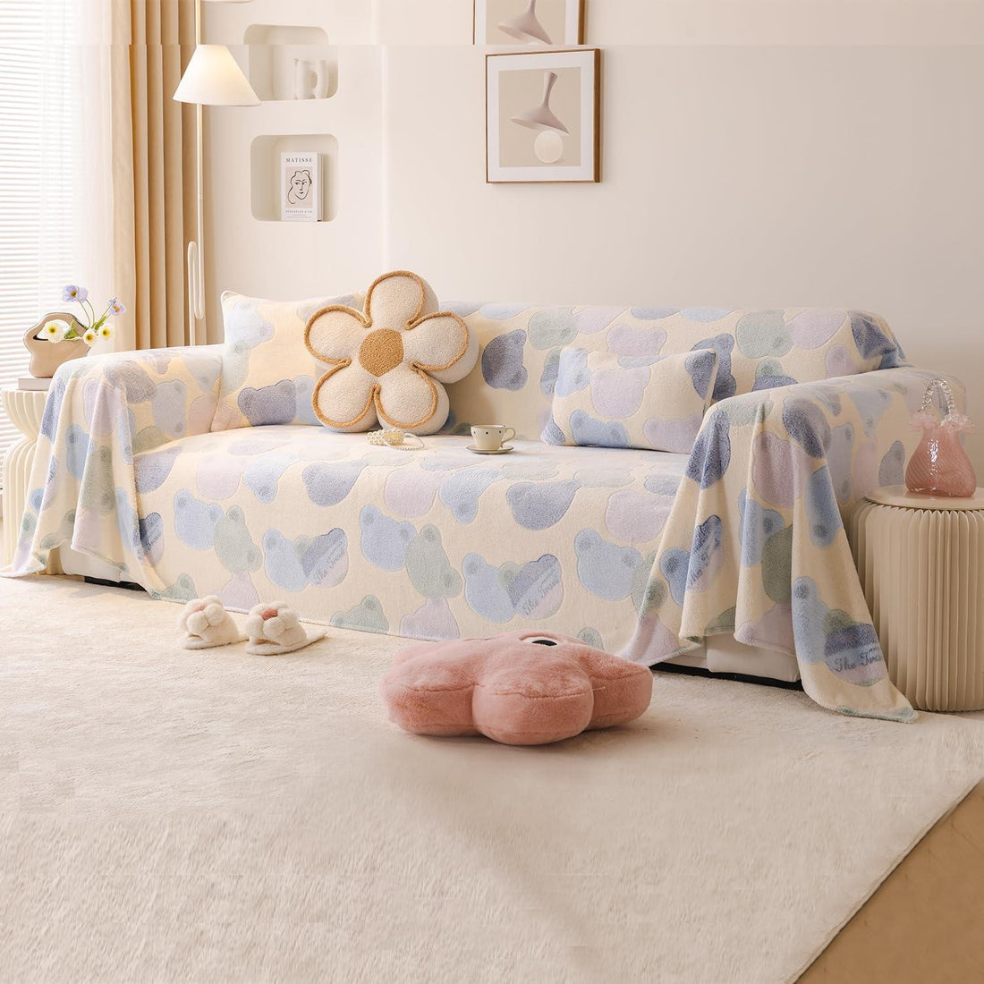 Soft and Cozy Fully Covered Velvet Plush Sofa Throw for 1/2/3 - Seater, Phil Blue Bear | HOKIPO