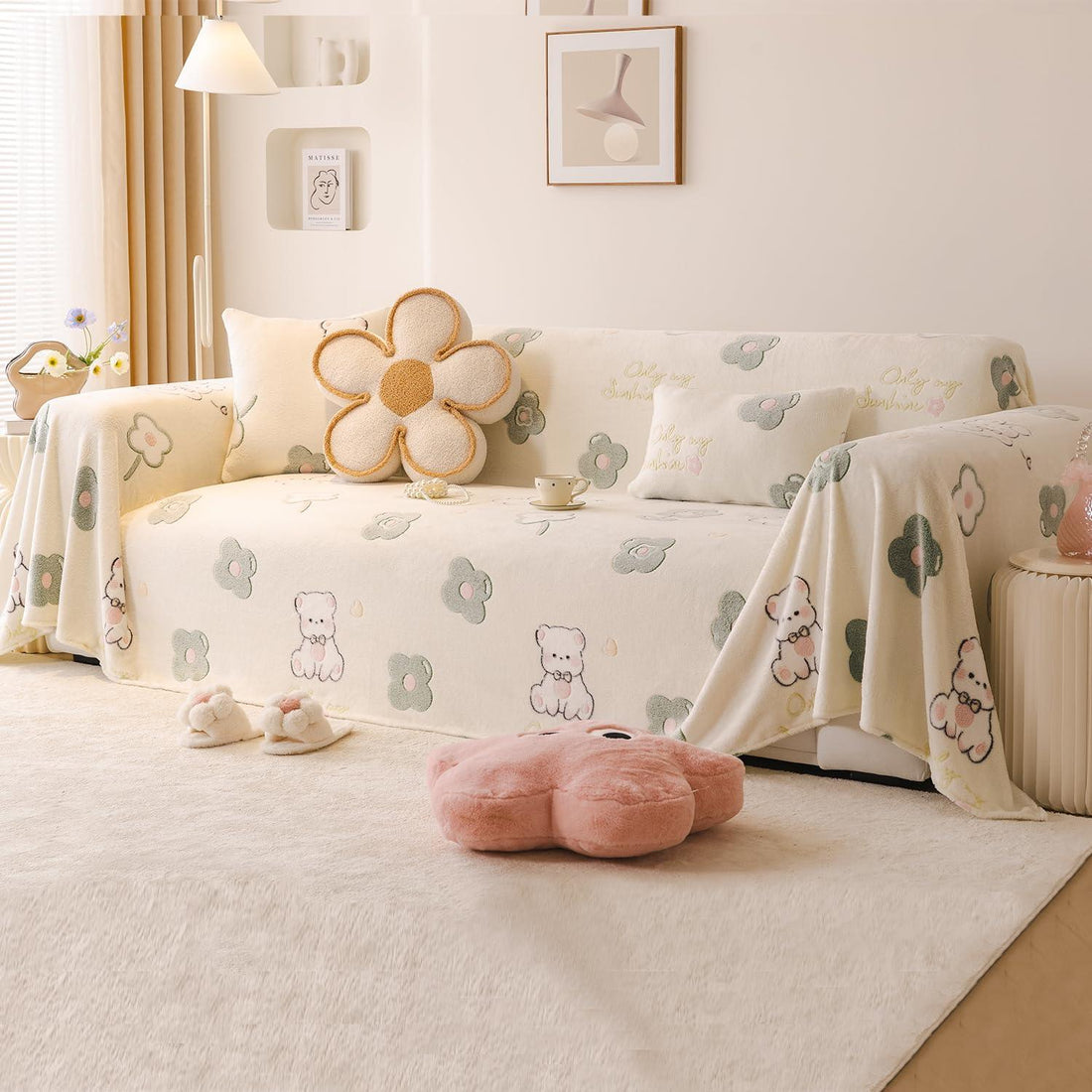 Soft and Cozy Fully Covered Velvet Plush Sofa Throw for 1/2/3 - Seater, Pink Bear | HOKIPO
