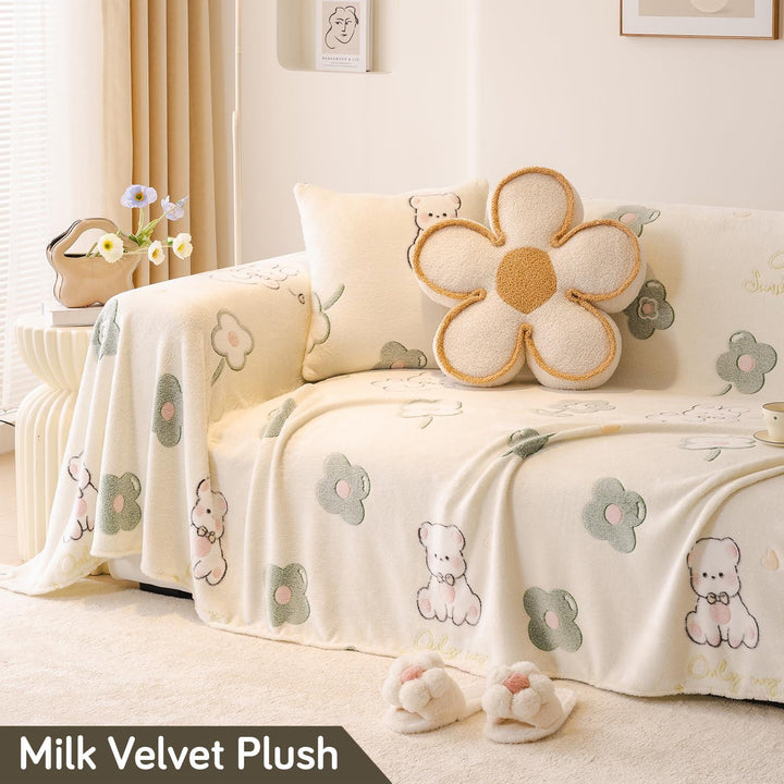 Soft and Cozy Fully Covered Velvet Plush Sofa Throw for 1/2/3 - Seater, Pink Bear - HOKIPO | Har Ghar ka Humsafar