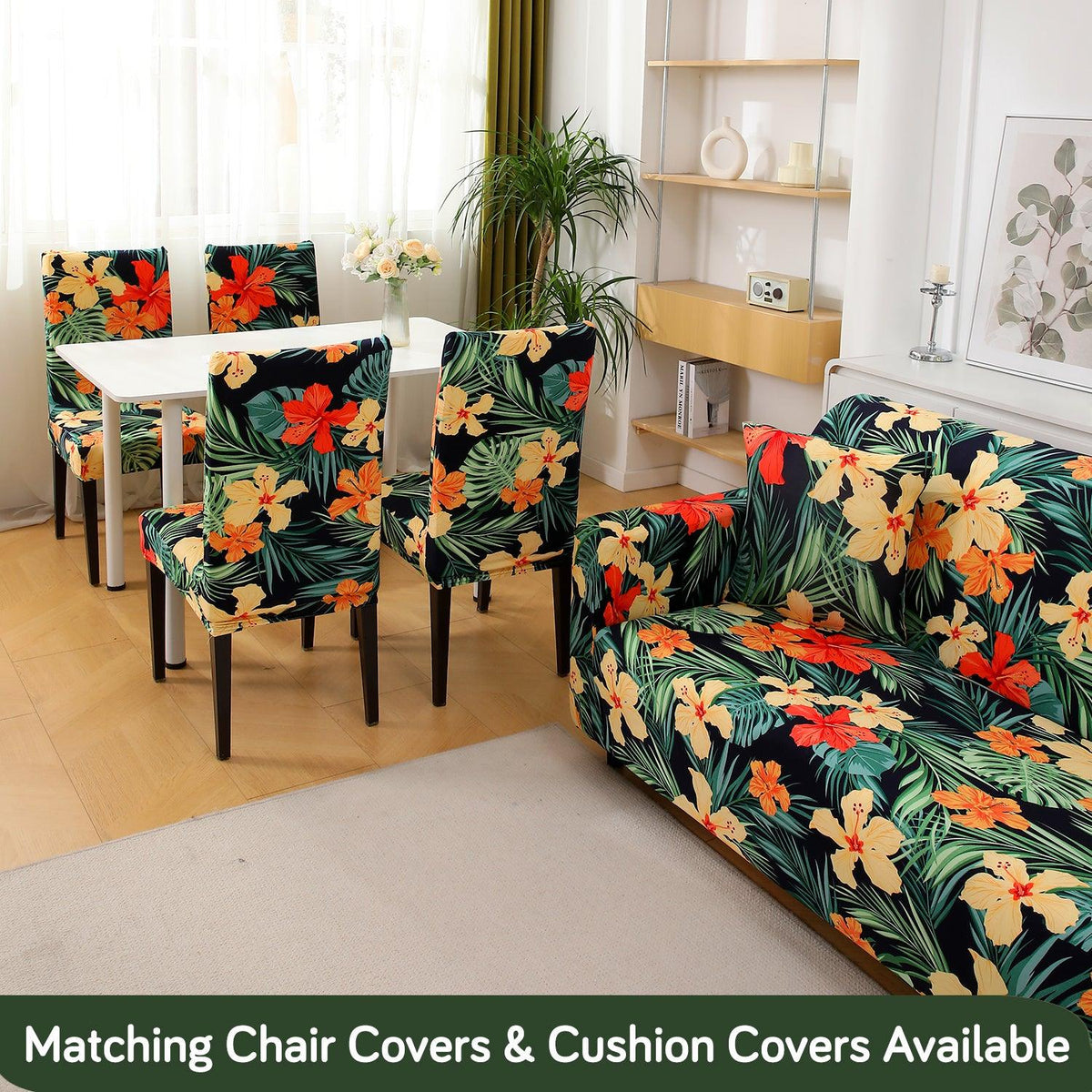 Buy Spring Green Hibiscus Printed floral pattern Matching elastic covers for chairs and sofas