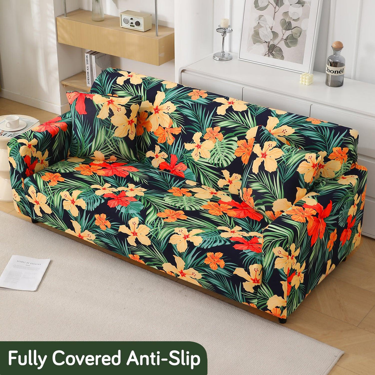 Spring Green Hibiscus Printed non slip elastic 2 seater sofa cover